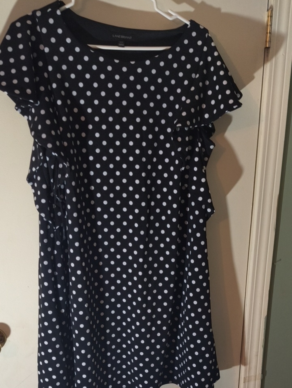 Lane Bryant Navy and White Polka Dot Dress with Ruffle Sleeves